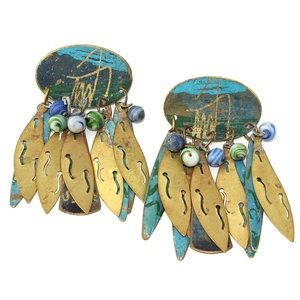 Vintage Painted Brass Fringe Dangle Earrings Blue Green Glass Beads Bohemian